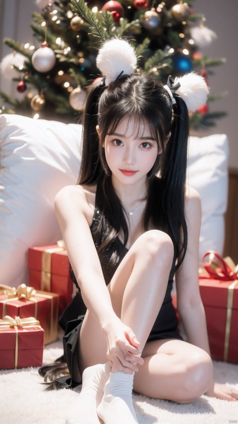  1girl, masterpiece, best quality, winterstyle, christmasstyle, 1girl, solo, christmas tree, black hair, realistic, smile, twintails, christmas, stuffed toy, sitting, gift, stuffed animal, teddy bear, socks, christmas ornaments, looking at viewer, cute girl, liuyifei