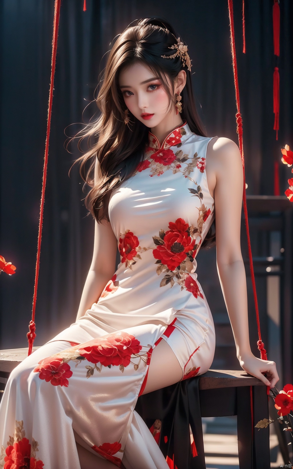  Model in black stockings wearing long white dress on swing w. floral pattern, style, Soft romantic scene, 32k ultra high definition, red and gold, minimalist set, ferrania p30