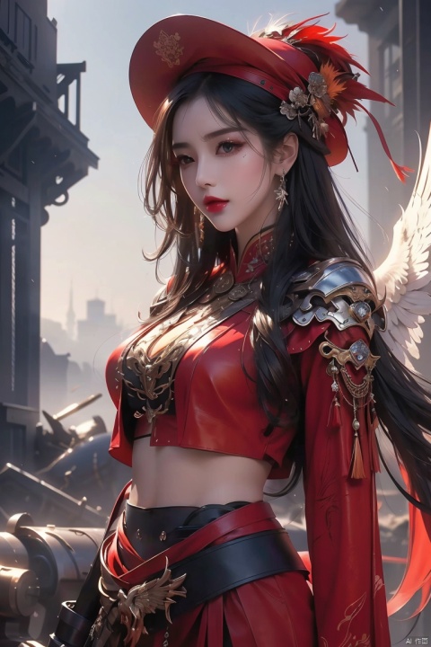  8K resolution, super resolution, sharp focus, grandeur, best quality, masterpiece, fantasy female gunfighter, delicate yet brave and fearless, wearing a deep red leather armor with silver edges, and a hat decorated with phoenix feathers. A wide-brimmed hat, eyes as fierce and firm as a burning furnace. He holds a steampunk-style precision repeating musket in his hand. The gun body is inlaid with gems and wrapped with complex mechanical pipes. A faint smoke is emitting from the muzzle. The background is The ruins of a futuristic steam city full of gears and iron frames, her resolute profile silhouette reflected in the moonlight. She stood on a pile of rubble, with an ammunition belt draped over her left shoulder and a sharp dagger hanging around her waist for close combat. arms., 1girl, xiaowu, red lips