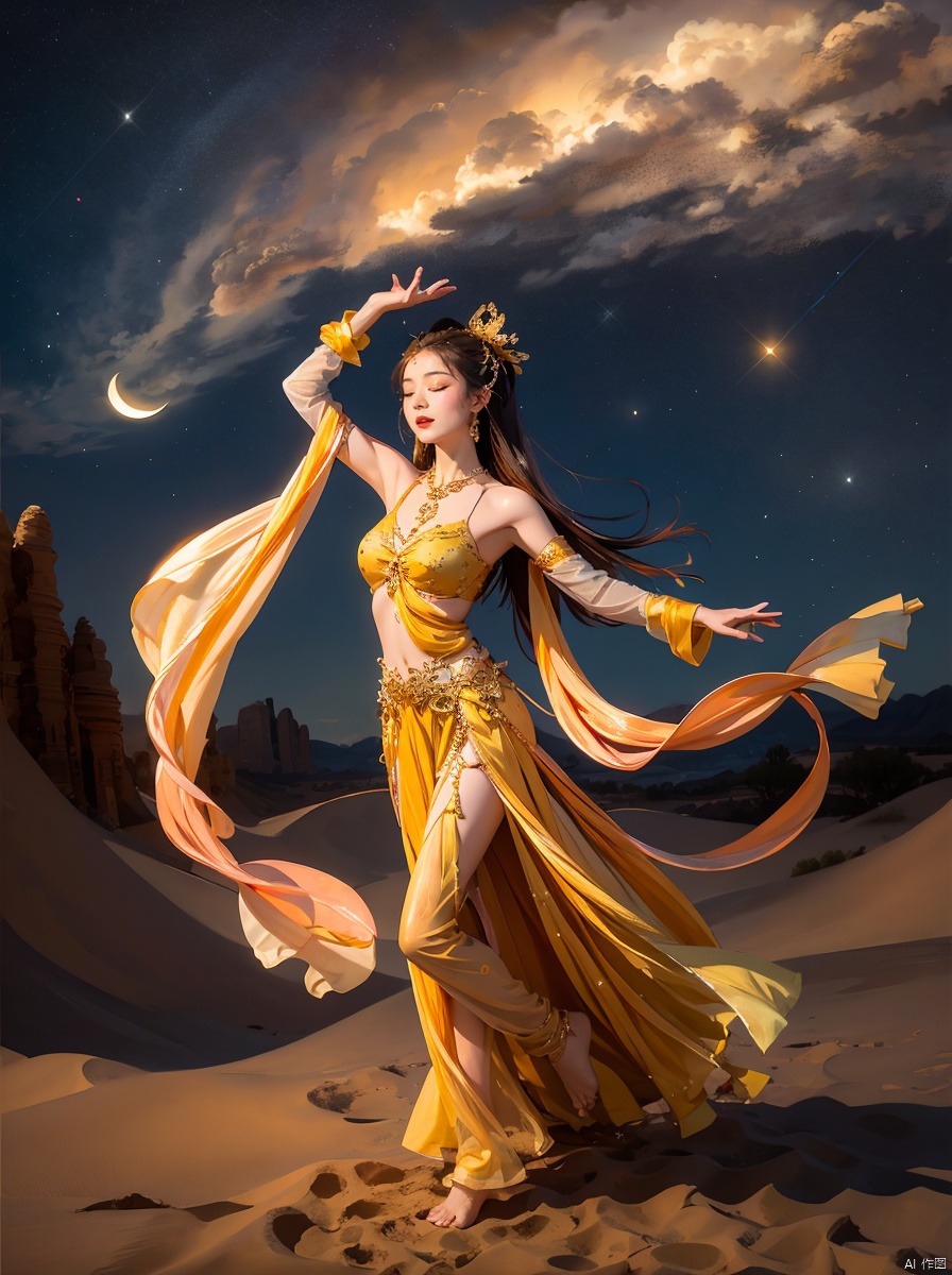  best quality,masterpiece,(wide shot:1.3),photo realistic,highly detailed,fashion photography,Beautiful background,((Desert landscape)):1.4,(desert:1.5),(sandstorm:1.3),(sand:1.2),scenery,scenario,full body,(1gril):1.2,solo,(a girl dancing in the desert):1.3,(dancing:1.2),dress,long hair, brown hair, hair down, hair ornament, light blush, smirk, closed eyes, medium breasts, barefoot, geometric,night scene,(night:1.1),sky,stars, cloudy, (gold/yellow theme:1.2),nature,dress,flowers,plant,tree,purist, esoteric,occult,Aesthetic Background,building blurring,dunhuang,Detail