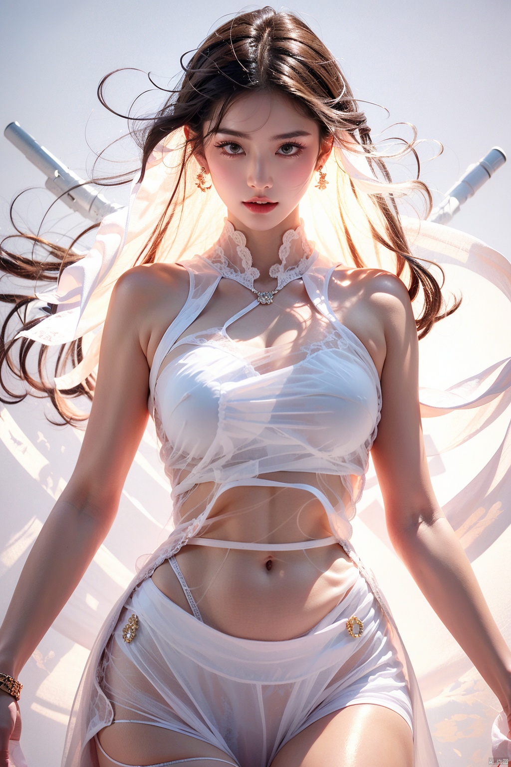  best quality,1girl, half body, earrings, wind blown hair, (translucent white gauze dress:1.5), beach,