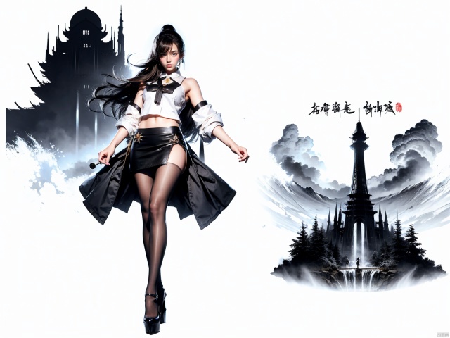 Masterpiece-level best_quality, concept artwork, a lonely solo girl, ,fashion,(mini skirt:1),Super long legs,, standing, realistic, Professionalstudio,highheels,trend,pantyhose,skinny,, upshirt, 1girl, tutultb,Short skirt, Ink scattering_Chinese style, sssr,((poakl)),