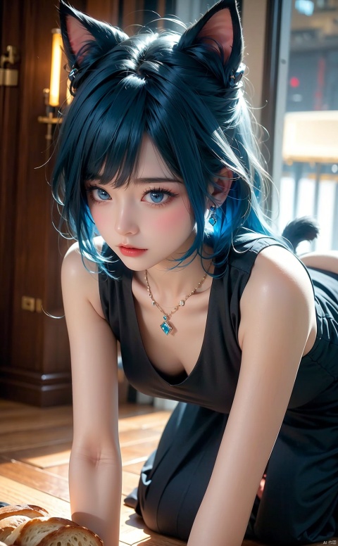  1Girl, Blue hair, blue eyes, Cat's ears (Steamed cat-ear shaped bread),Crawling on all fours, earrings, necklace, jewels, cat whiskers, black gray dress, lights, night,