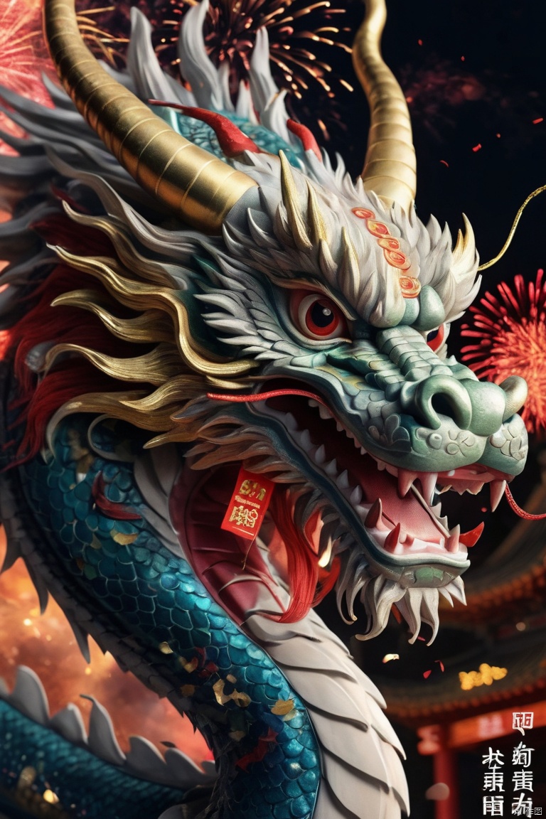  Holiday poster, chinese dragon, 2024 new year poster, New Year Eve 2024, fireworks, (best quality, masterpiece, Representative work, official art, Professional, 8k:1.3)