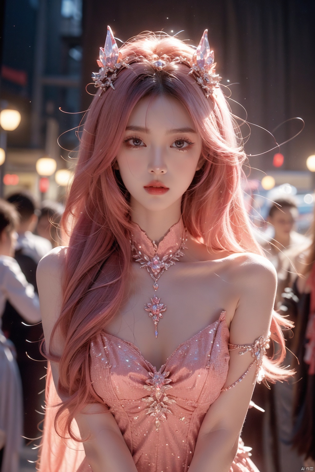  (aerial view,view of city),1girl flying in air,beautiful cute crystal girl in 26 years old, wearing crystal wear, the crystal is evil, black and pink and red glowing crystal, crystal pink hair, the power is every wear, she is evil but cute, the crystal is evil and glowing black and pink and red colors, detailed evil eyes,she has a serious expression and her lips are closed glowing crystal wear, (incredible details, cinematic ultra wide angle, depth of failed, hyper detailed, insane details, hyper realistic, high resolution, cinematic lighting, soft lighting, incredible quality, dynamic shot,,Hair with scenery,baiyueguangya,huliya