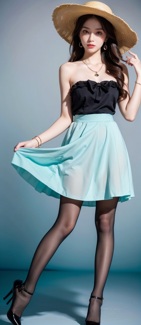  RAW Photo, Film Grain, Masterpiece, High Resolution, 1 Girl, Full Body, Gorgeous Big-brimmed Hat, Black Eyes, Blue Gemstone Earrings, Necklace, Bracelet, Bare Shoulders, Dress, Flowing Skirt, Bow Pantyhose, Black Pantyhose, High Heels, (Dynamic Pose: 1.2), Ray Tracing, Gradient Background, Pastel Colors, Morandi Blue, Morandi Red, (Background Text: 1.3), HM, 1 Girl, Zhang, light girl