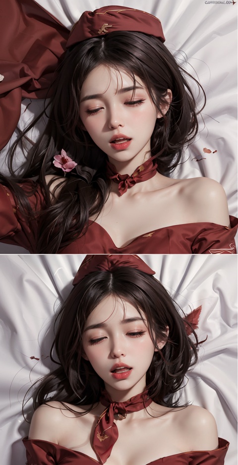  Masterpiece, the best, reality, 8k, super high, 1 girl, (garrison cap),Scarf, Off Shoulder,(red unifrom:1.5),((open mouth)),(close your eyes, frown, blush, bite your lips, messy hair, collarbone),lying on the bed sheet.,Stewardess
