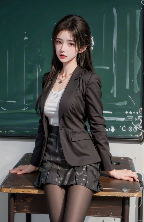  1girl, breasts, brown_eyes, brown_hair, chalkboard, classroom, cowboy_shot, desk, formal, glasses, hair_ornament, indoors, jacket, jewelry, looking_at_viewer, miniskirt, necklace, on_desk, pencil_skirt, school_desk, sitting_on_desk, skirt, solo, standing, suit, Light master, blackpantyhose