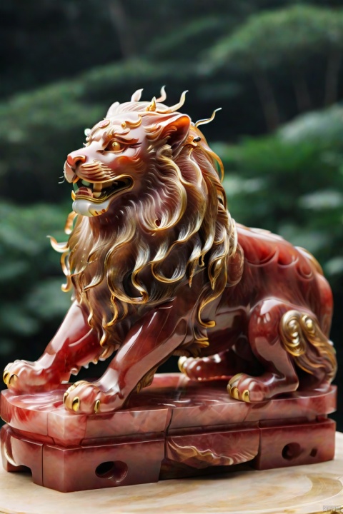  (masterpiece, top quality, best quality, official art, beautiful and aesthetic:1.2),a large lion,(made of red jade:1.3),golden carving,very beautiful, aesthetic,crystal, surface polished natural gloss, very transparent and beautiful, emerald material, pink fantasy, feicuixl