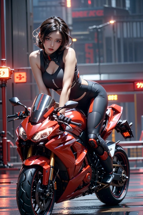  High quality, game CG, wallpaper,(1 girl lean on a motorcycle:1.4),short hair,Wide-angle lens, best quality,depth of field, looking at the audience,dynamic pose,simple background,(mechanical parts),mechanical arm,cyberpunk, mechanical body,mechanical legs