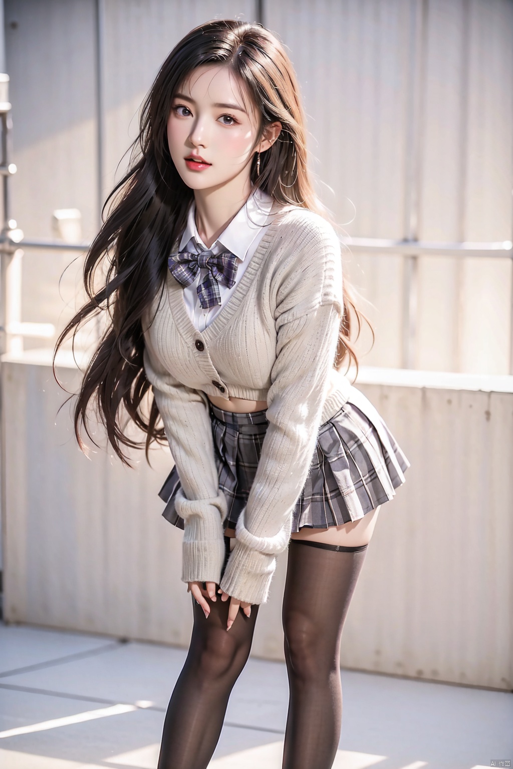  1girl, solo, pantyhose, skirt, long hair, loafers, shoes, simple background, school uniform, purple eyes, plaid, pantyhose, plaid skirt, looking at viewer, multicolor hair,white pantyhose pull, full body, clothes pull, black footwear, pleated skirt, leaning forward, bangs, long sleeves, bent over, cardigan, bow, bowtie, standing, closed mouth, pulled by self, blue background, blush, miniskirt, red bow, sweater, **********, chibi, tifa, my