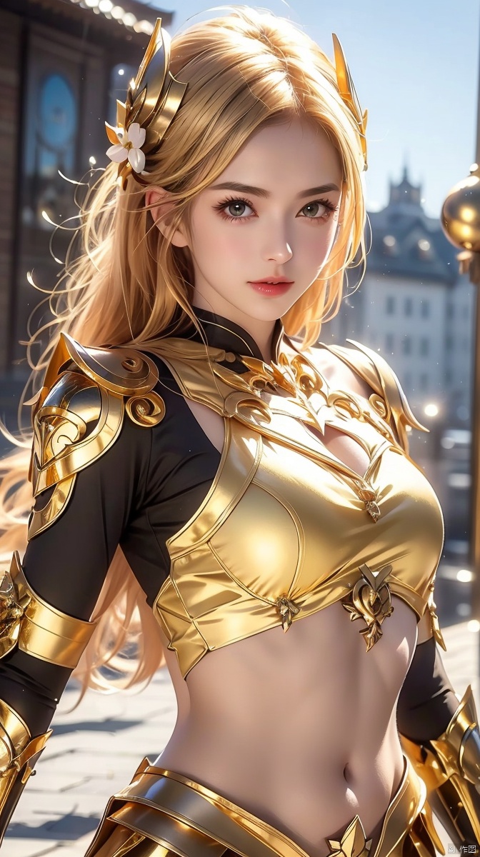  1 girl, (gold armor), (metal ball), ll-hd