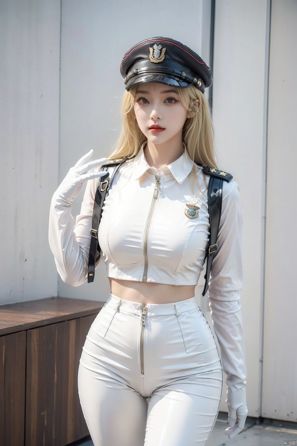  1girl, white tight latex suit,White pants, white room, white geometric objects, abstract art,blonde hair,Military hat, badge, white gloves,1girl