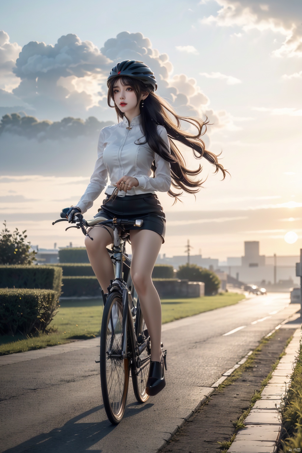  solo, 1girl,outdoors, sky, cloud, helmet, ground,sunset, riding, bicycle, BY MOONCRYPTOWOW,high_heels,yellow_footwear,pencil_skirt,long_hair