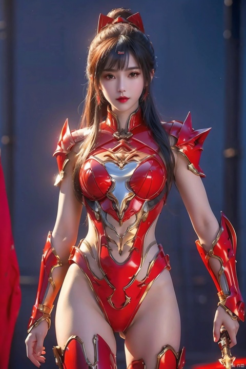  1 girl, science fiction armor,sexy,thighs,naked,Red armor, xiaowu
