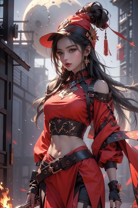  8K resolution, super resolution, sharp focus, grandeur, best quality, masterpiece, fantasy female gunfighter, delicate yet brave and fearless, wearing a deep red leather armor with silver edges, and a hat decorated with phoenix feathers. A wide-brimmed hat, eyes as fierce and firm as a burning furnace. He holds a steampunk-style precision repeating musket in his hand. The gun body is inlaid with gems and wrapped with complex mechanical pipes. A faint smoke is emitting from the muzzle. The background is The ruins of a futuristic steam city full of gears and iron frames, her resolute profile silhouette reflected in the moonlight. She stood on a pile of rubble, with an ammunition belt draped over her left shoulder and a sharp dagger hanging around her waist for close combat. arms., 1girl
