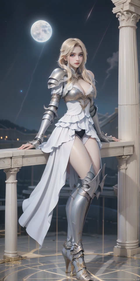  Xialuote,1girl,blonde hair,sky,night,star \(sky\),solo,armor,ruins,blue eyes,dress,small breast,gauntlets,boots,gloves,armored boots,scenery,pillar,cloud,starry sky,moon,outdoors,night sky,column,grass,(sitting:1.3), (raw photo:1.2),((photorealistic:1.4))best quality,masterpiece,illustration,an extremely delicate and beautiful,extremely detailed,CG,unity,8k wallpaper,Amazing,finely detail,masterpiece,best quality,official art,extremely detailed CG unity 8k wallpaper,absurdres,incredibly absurdres,huge filesize,ultra-detailed,highres,extremely detailed,beautiful detailed girl,cinematic lighting,1girl,pale skin,tall female,(perfect body shape),skinny body,Slender legs,