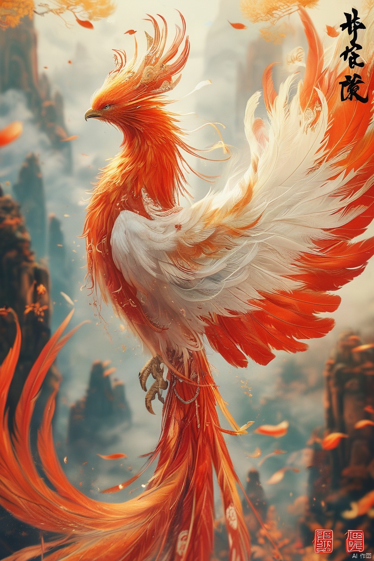  shanhaijing,phoenix,outdoors, no humans, feathers, building, chinese text, animal focus, talons, white feathers