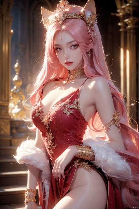  (Golden Palace background :1.4),(aerial view of the city, view),(Golden radiance, royal temperament of the city),1 girl, standing, half life, beautiful and lovely,26 years old,(sexy clothing :1.4), crystal is evil, black and pink and red glowing crystal, crystal pink hair, is every wear, she is evil, but lovely, crystal Is evil and glowing black and pink and red colors, detailed evil eyes, she has a cute dog, glowing crystal wear,(incredible detail, movie super wide Angle depth failure, super detail, crazy detail, super realistic, high resolution, movie lighting, soft lighting, incredible quality, dynamic shooting, Hair with scenery, eyes, clothes, fox eyes (1.2), Starlight, cute girl