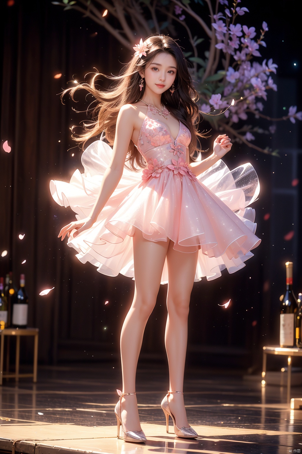  1girl, smile, upper body, (standing: 1.2), (cute young girl:1.1), beautiful detailed eyes, hair, very long hair, small breasts, (looking at viewer), flower,yuzu,high heel,1 girl,Cross-eyed, Nebula, Hanama wine