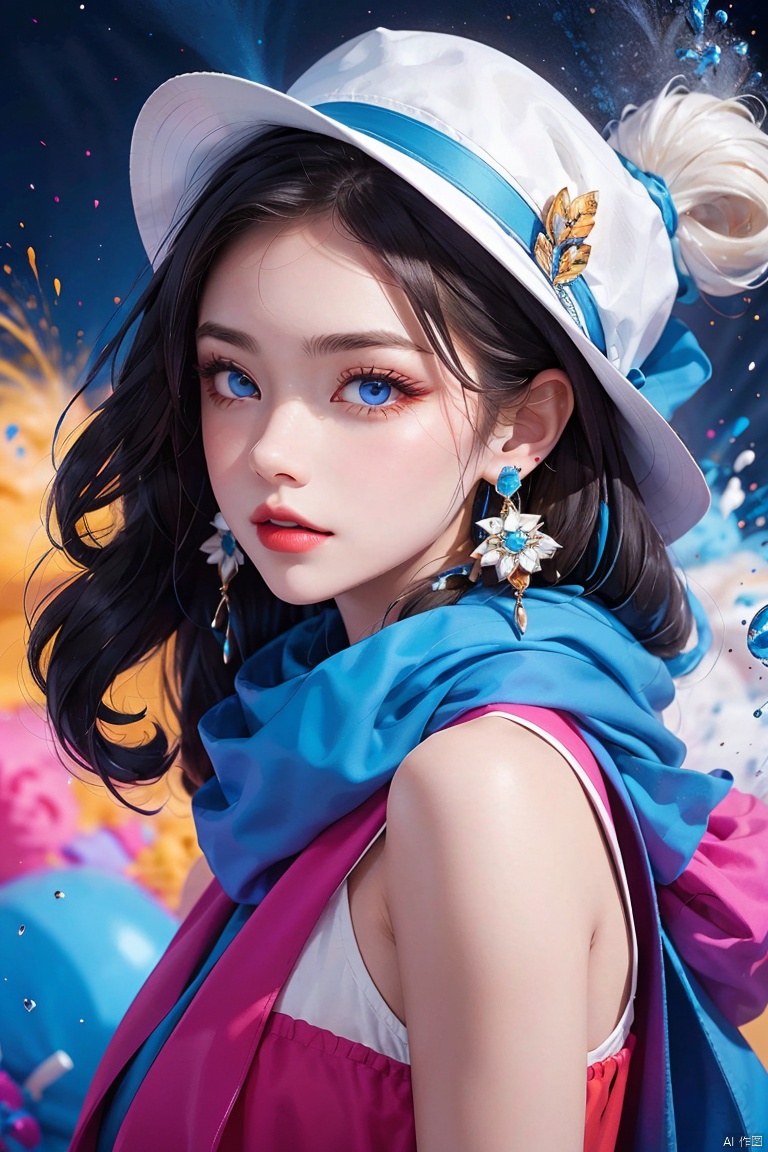  1girl, white colored hair,Colorful hat,colorful earrings, blue scarf, blue eyes,Earrings, gemstones,Starry sky, colorful splashes,