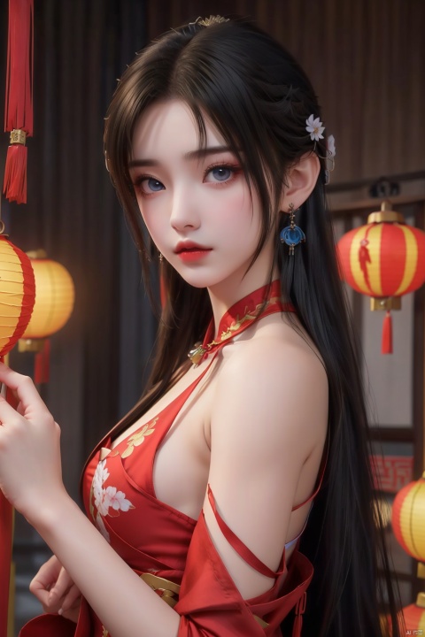  1girl, bare_shoulders, black_hair, blue_eyes, chinese_clothes, chinese_new_year, curtains, dress, earrings, jewelry, lantern, lips, long_hair, looking_at_viewer, oil-paper_umbrella, paper_lantern, red_background, red_dress, red_theme, red_umbrella, solo