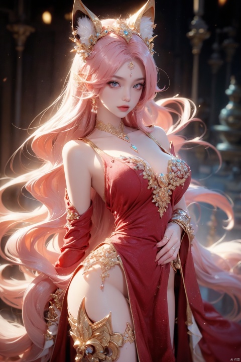  (Golden Palace background :1.4),(aerial view of the city, view),(Golden radiance, royal temperament of the city),1 girl, standing, half life, beautiful and lovely,26 years old,(sexy clothing :1.4), crystal is evil, black and pink and red glowing crystal, crystal pink hair, is every wear, she is evil, but lovely, crystal Is evil and glowing black and pink and red colors, detailed evil eyes, she has a cute dog, glowing crystal wear,(incredible detail, movie super wide Angle depth failure, super detail, crazy detail, super realistic, high resolution, movie lighting, soft lighting, incredible quality, dynamic shooting, Hair with scenery, eyes, clothes, fox eyes (1.2), Starlight, cute girl