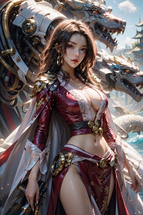  (Best Quality), (Masterpiece), a very exquisite and beautiful girl, very detailed, amazing, with exquisite details, official art, super detailed, high-level, beautiful details girl, with a radiant face,
A girl standing in front of a dragon, long, without humans, dragon, (floating blonde hair), jade water book, water, waves, full of water energy, all mechanical, pink mechanical,MIX4,swordsman,east_asian_architecture,女帝,machinery,NVDI
