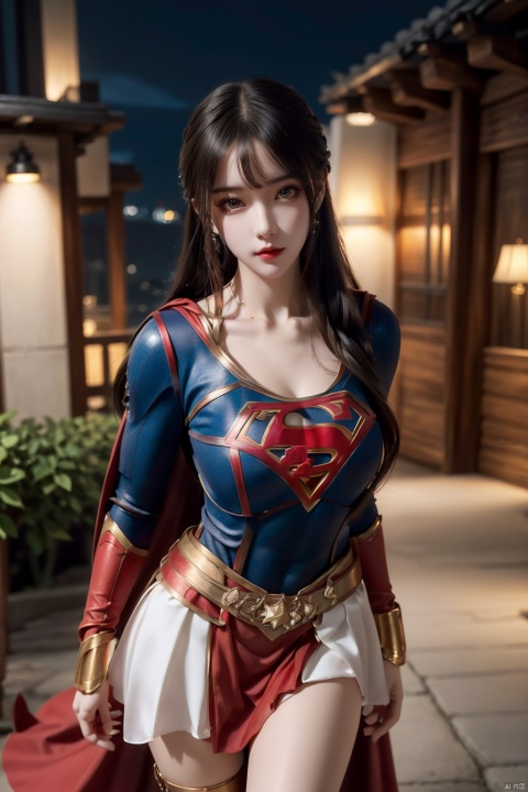  woman posing for a photo,(using supergirl cosplay outfit),mini skirt,(Hasselblad photo),finely detailed skin,sharp focus,(cinematic lighting),collarbone,night,soft lighting,dynamic angle,(5 star hotel),outside