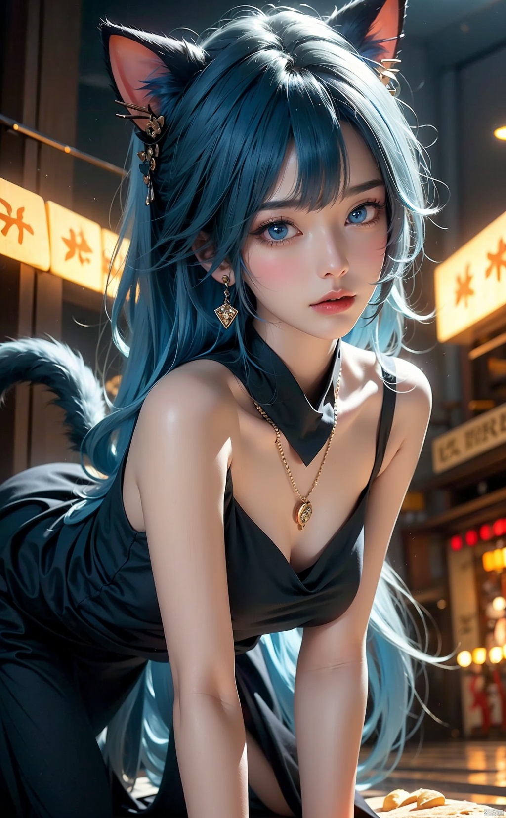  1Girl, Blue hair, blue eyes, Cat's ears (Steamed cat-ear shaped bread),Crawling on all fours, earrings, necklace, jewels, cat whiskers, black gray dress, lights, night,