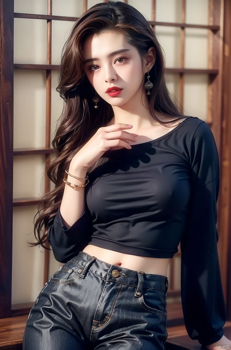  1girl, jewelry, earrings, solo, lipstick, black_hair, long_hair, makeup, red_lips,shirt,fancy brooch,pants, bracelet, black_pants, cowboy_shot, Realistic, masterpiece, highest quality, high resolution,dundar,, dyzgqzm, qingsha, wangzuxian, ((poakl))