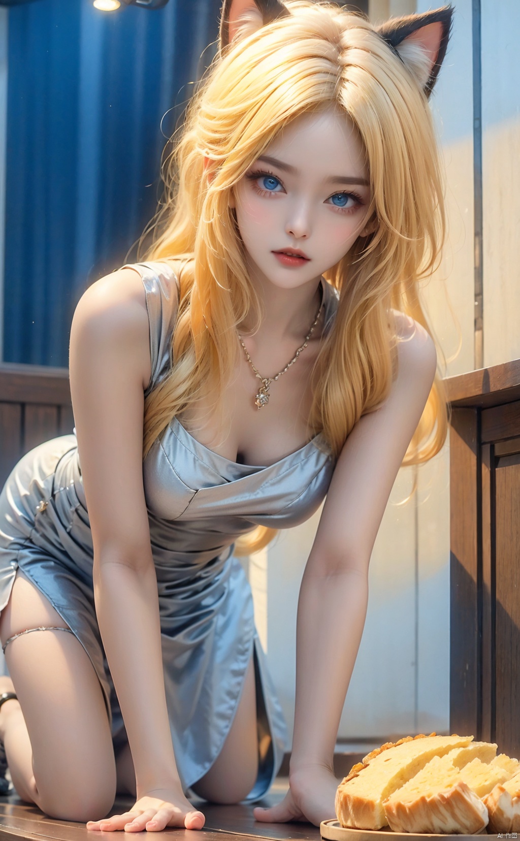  1Girl, blue eyes, Cat's ears (Steamed cat-ear shaped bread),Crawling on all fours, earrings, necklace, jewels, cat whiskers, black gray dress, lights, night, blonde hair