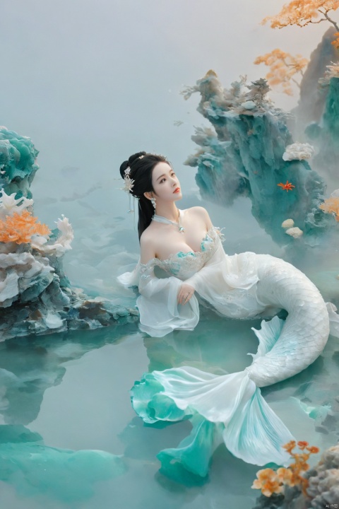  arien_hanfu, mermaid,east dragon,pure white theme,deep in the water,sea,under sea,30 yo lady,(large_breasts:1.2), guohua, HUBG_Chinese_Jade