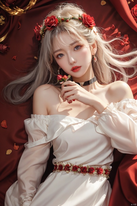  1girl, solo, red flower, flower, blue eyes, long hair, holding flower, holding, rose, dress, petals, hair ornament, red rose, lying, long sleeves, white hair, on back, white dress, looking at viewer, choker, parted lips, bare shoulders, blush, bangs, off shoulder, black choker, hair flower, off-shoulder dress, very long hair, collarbone, puffy long sleeves, puffy sleeves, rose petals, hair between eyes,eyesseye, dofas, crystal, yunbin, qianjin, christmas