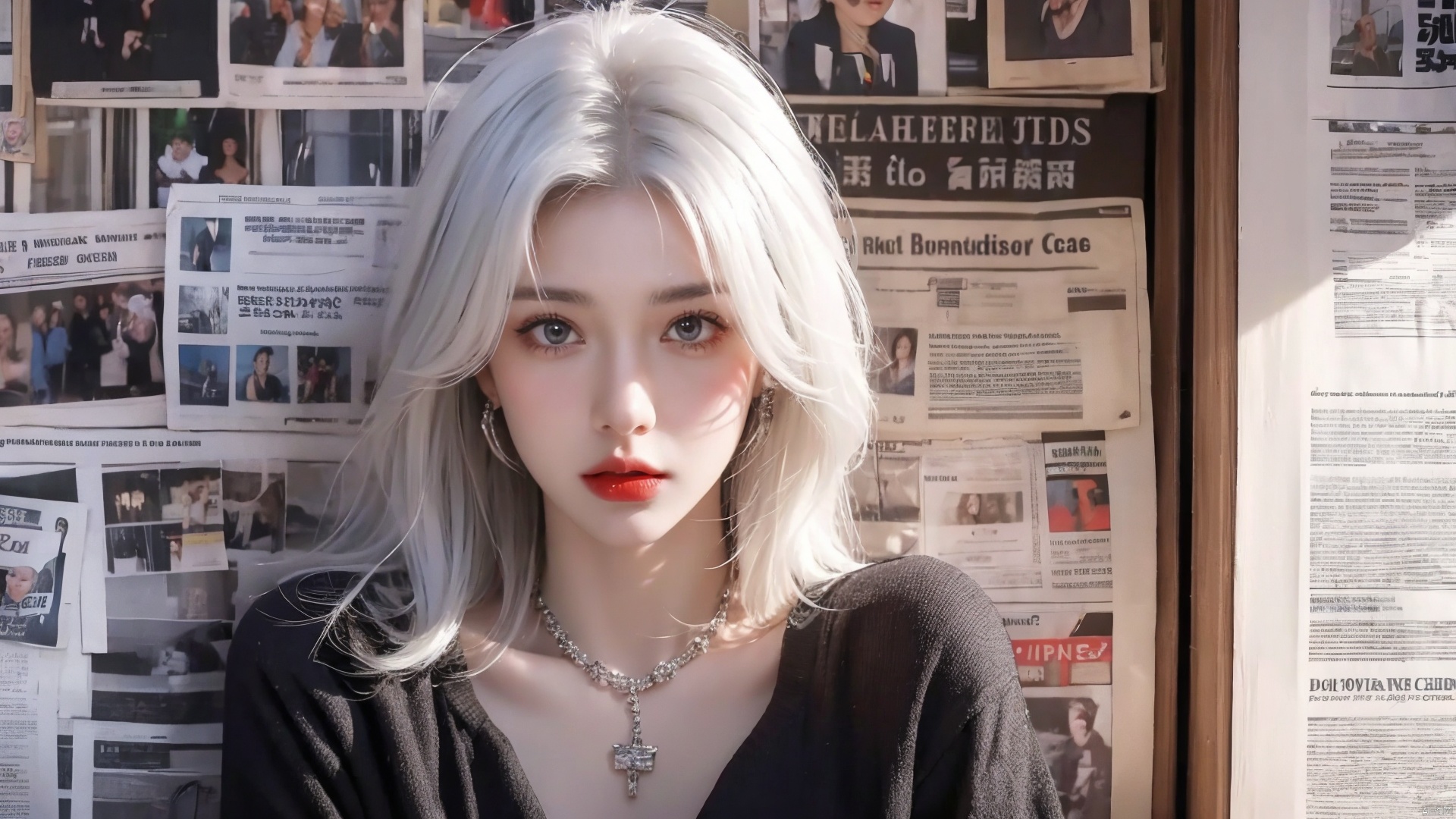  masterpiece, 1 girl, Stand, {white hair}, jewelry, Earrings, Necklace, {JK}, Newspaper wall, huge filesize, extremely detailed, 8k wallpaper, highly detailed, best quality