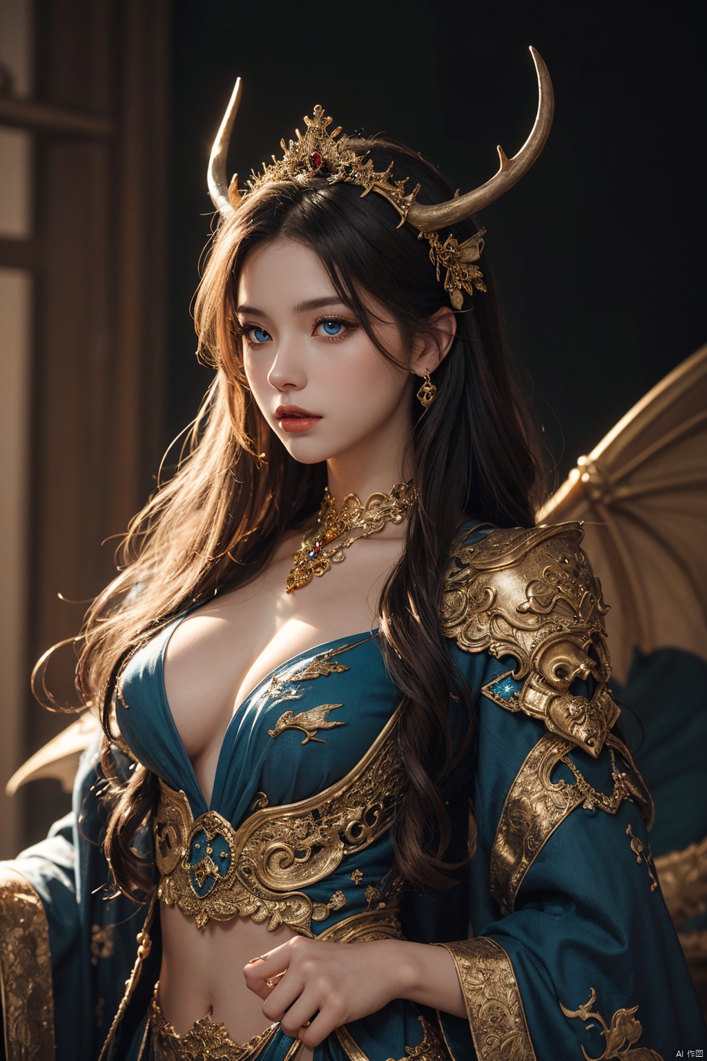  fantasy art, concept art of a (female dragon:1.3) image for cgart butterfly, female dragon with blue eyes, Humanoid, antlers, a dragon by her side,BREAK,dramatic lighting, from below, look back, Extraordinary details,GdClth,gold-hair princece, ((((gorgeous)))) royal dress, ((((gorgeous)))) gold tiara, ((((gorgeous)))) gold necklace, ((((gorgeous)))) gold accessories, light on body, Leica 50mm f/1.9