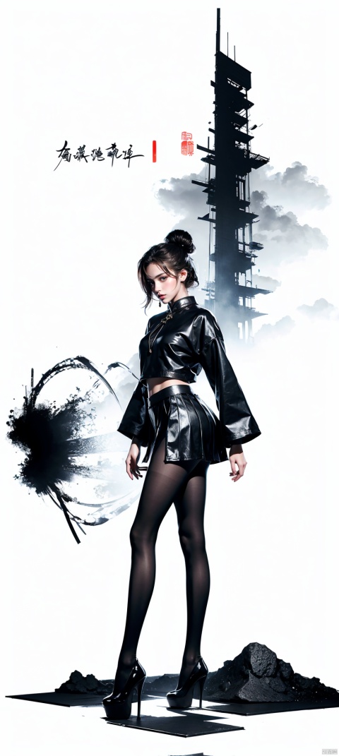  Masterpiece-level best_quality, concept artwork, a lonely solo girl, ,fashion,(mini skirt:1),Super long legs,, standing, realistic, Professionalstudio,highheels,trend,pantyhose,skinny,, upshirt, 1girl, tutultb,Short skirt, Ink scattering_Chinese style, sssr, ((poakl))