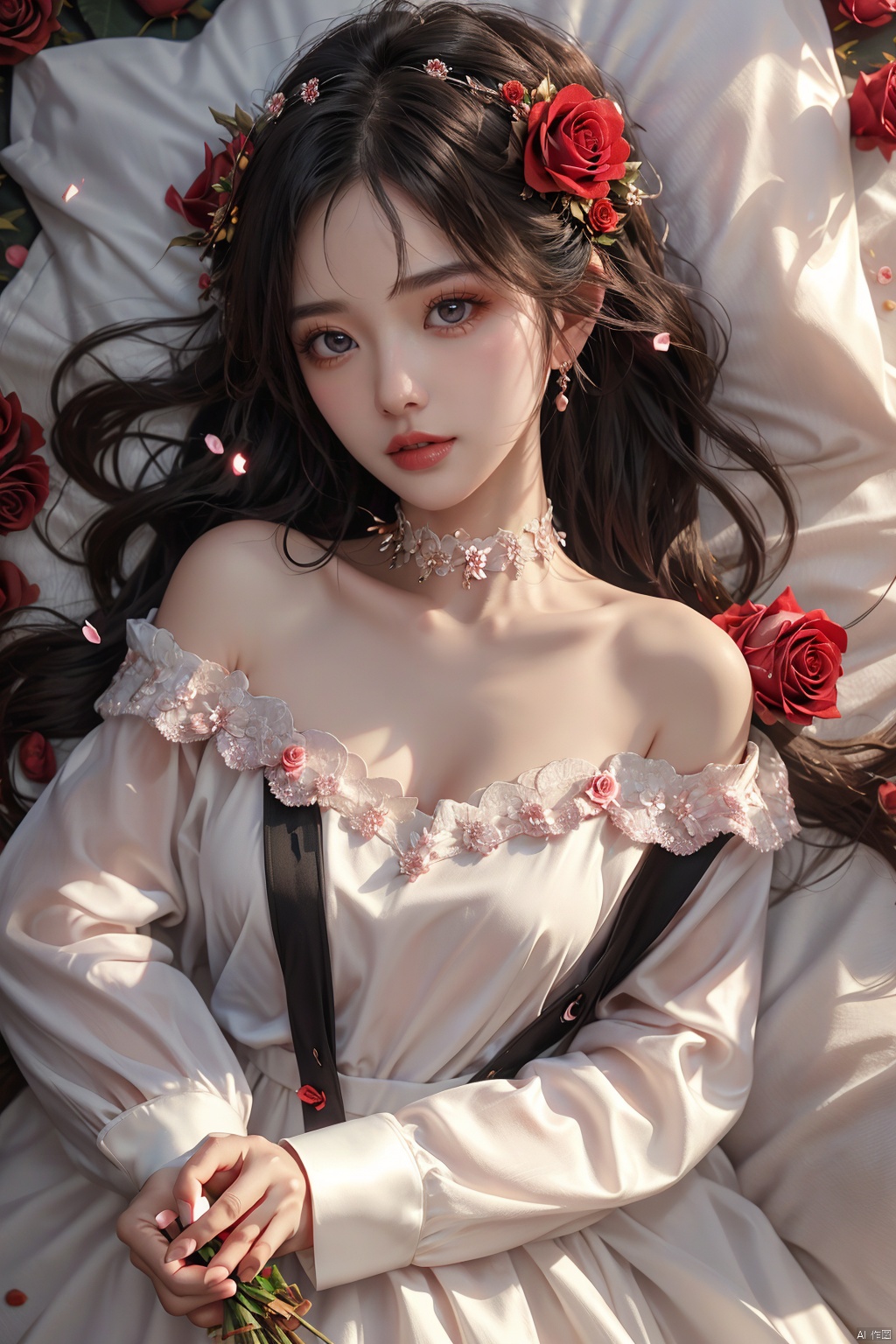  1girl, solo, red flower, flower, blue eyes, long hair, holding flower, holding, rose, dress, petals, hair ornament, red rose, lying, long sleeves, white hair, on back, white dress, looking at viewer, choker, parted lips, bare shoulders, blush, bangs, off shoulder, black choker, hair flower, off-shoulder dress, very long hair, collarbone, puffy long sleeves, puffy sleeves, rose petals, hair between eyes,eyesseye, dofas, crystal, yunbin, qianjin, christmas