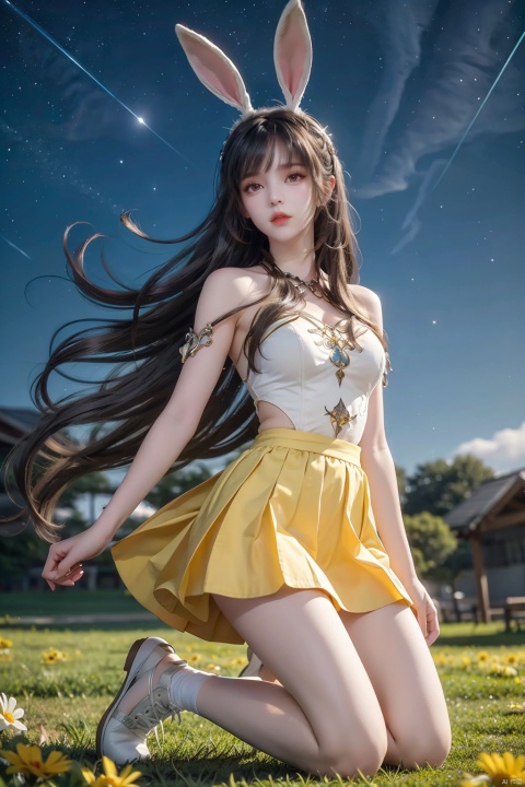  1 girl, animal ears, bangs, bare shoulders, closed mouth, skirt, eyebrows, visible hair, body, hair between the eyes, hair ornaments, long hair, look at the audience, rabbit ears, black hair flying in the wind, alone, kneeling, starry sky, very long hair, white shoes, yellow skirt, black eyes