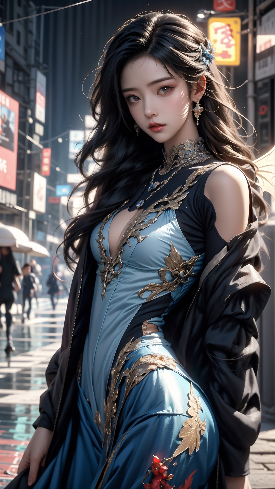  {{master piece}},best quality,illustration,1girl,small breast,beatiful detailed eyes,beatiful detailed cyberpunk city,flat_chest,beatiful detailed hair,wavy hair,beatiful detailed steet,mecha clothes,robot girl,cool movement,sliver bodysuit,{filigree},dargon wings,colorful background,a dragon  stands behind the girl,rainy days,{lightning effect},beatiful detailed sliver dragon arnour,（cold face）