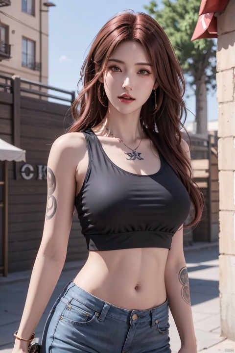  8k, Photo of a cute tattooed lady with long wavy fiery red hair, wearing a cropped top sexy outfit, bright background, sunny day, outdoor, hyper details, cinematic lighting, concept art, unreal engine 5, RTX, ray tracing, photorealistic