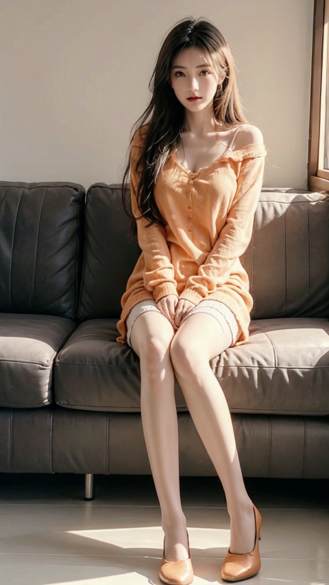  1 girl, sitting on a comfortable sofa, orange gradient stockings, soft lighting, hands 101,