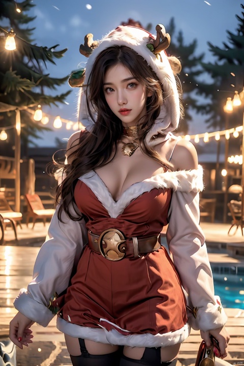  WZRYdiaochanSDLG, 1girl, solo, antlers, bell,thighhighs, choker, brown hair, looking at viewer,hood, reindeer antlers, skirt,breasts, brown eyes, short hair, neck bell, fur trim, garter straps, dress,cleavage, wide sleeves, cityscape,pool, night,mature female, ,fur-trimmed legwear, 1 girl,(cowboy shot:1.9)