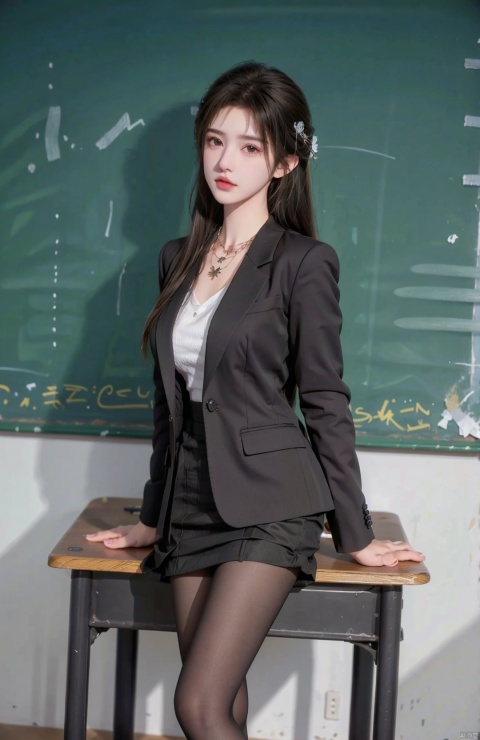  1girl, breasts, brown_eyes, brown_hair, chalkboard, classroom, cowboy_shot, desk, formal, glasses, hair_ornament, indoors, jacket, jewelry, looking_at_viewer, miniskirt, necklace, on_desk, pencil_skirt, school_desk, sitting_on_desk, skirt, solo, standing, suit, Light master, blackpantyhose