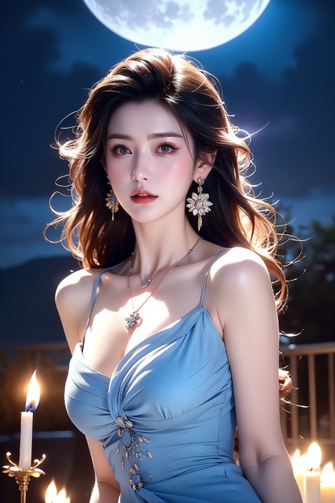  A girl with light blue long hair,bangs,earrings,necklace,dress,cold and delicate beautiful face,fair skin,colorful,master's work,night view,dark clouds,moon,redtattoo,candle,front,lao,立