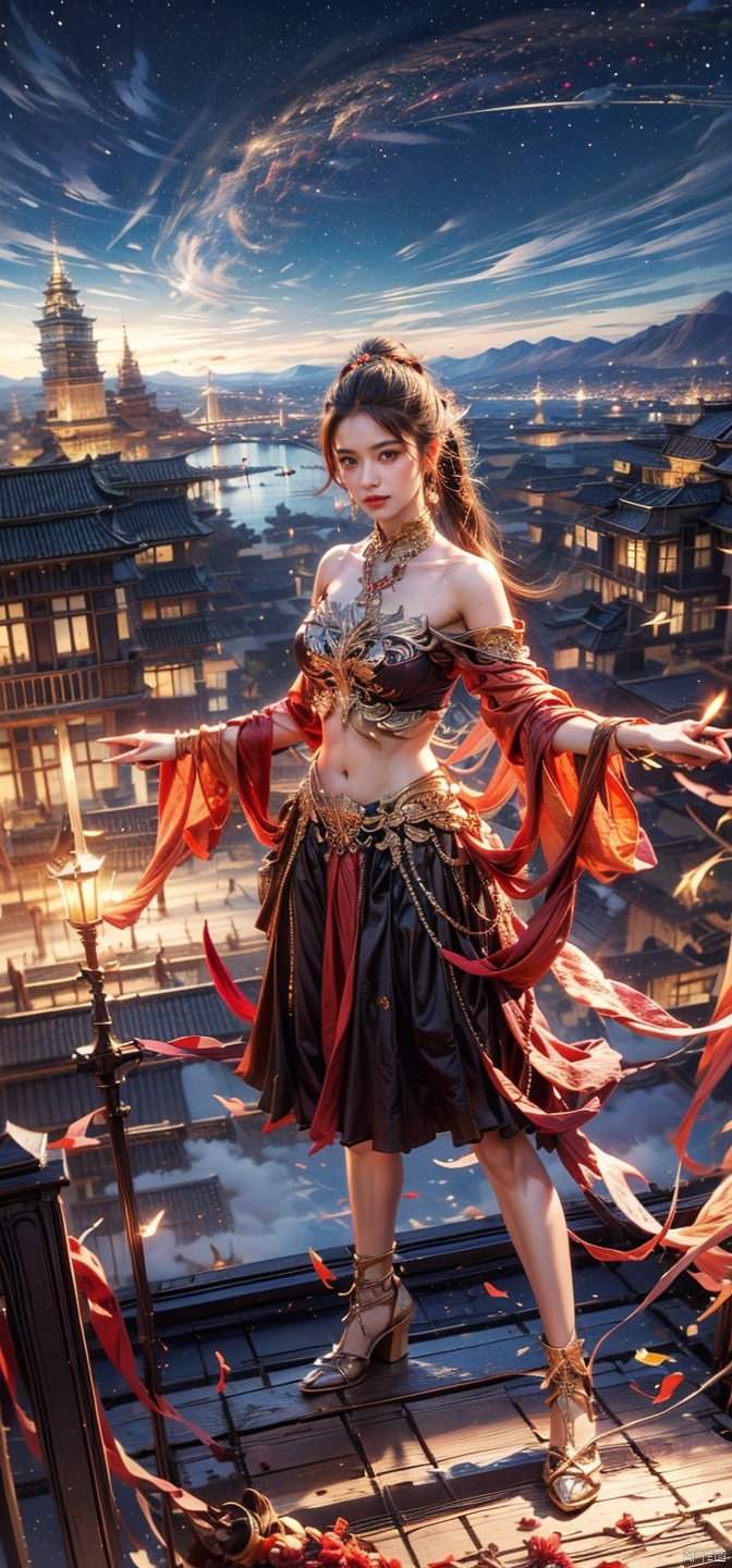  ((masterpiece)), ((best quality)), 8k, high detailed, ultra-detailed, A girl standing on the rooftop overlooking the city, rooftops, buildings, streets, city lights.