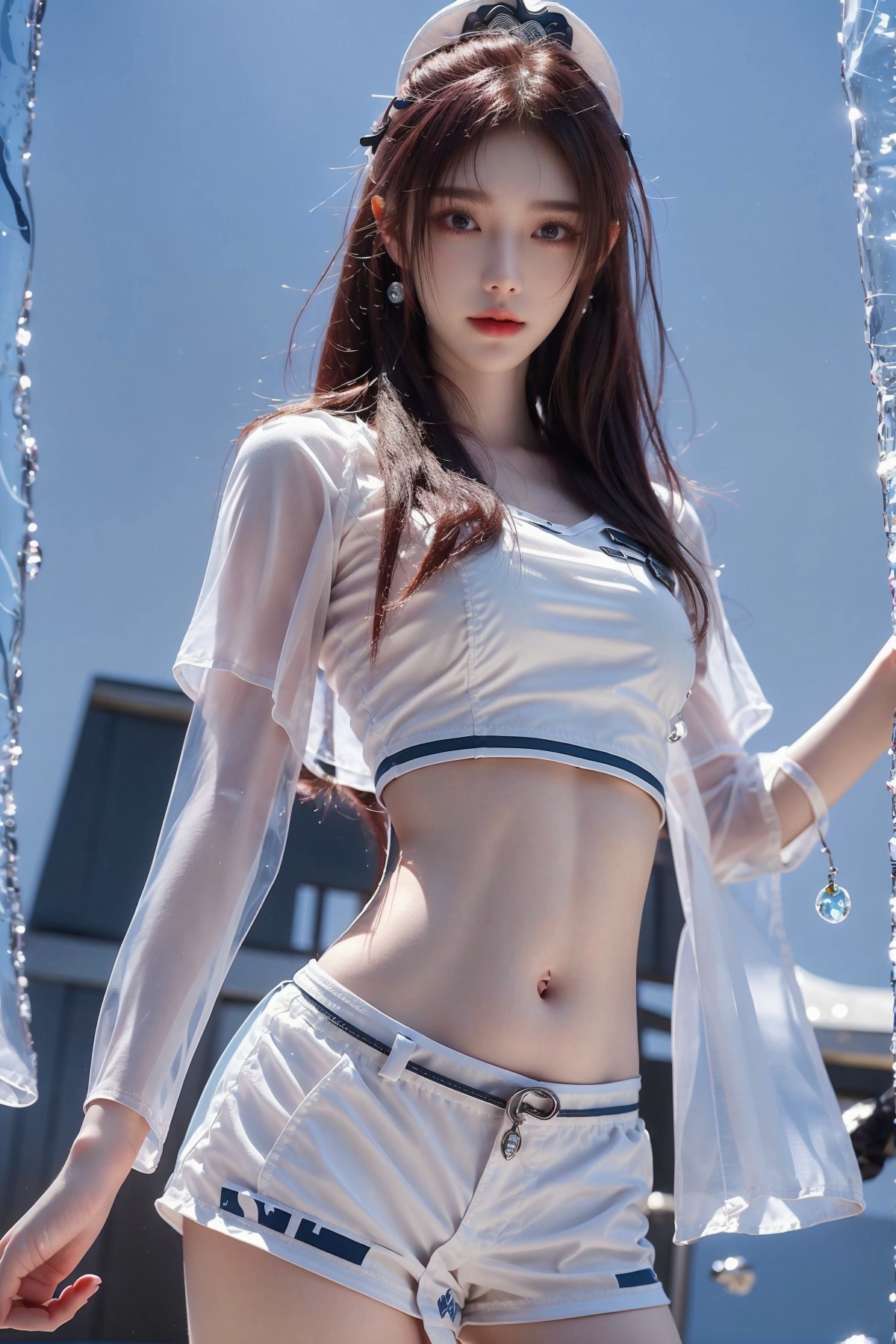  DSLR, (Good structure), ,High quality, masterpiece, 1Girl, Earstuds, blue eyes,Earstuds, blue eyes, black hair, (translucent white police uniform: 1.5), navel exposed, (translucent shorts: 1.3), thigh exposed, (supermodel pose),smile,(solo),（Different postures）,Pink hair,(Perfect hand lines),, 1 girl, , yeqinxian, jujingyi,