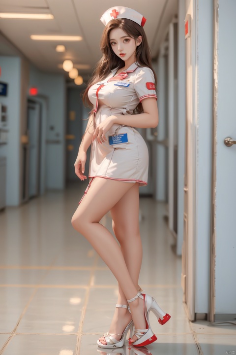  Trainee Nurse,1girl,solo,nurse,nurse cap,hat,breasts,long hair,brown eyes,high heels,brown hair,looking at viewer,full body,large breasts,dress,short sleeves,nail polish,standing,lips,white dress,white footwear,closed mouth,sandals,red lips,short dress,id card,toeless footwear,strappy heels,reflection,name tag,toenail polish,legs,White nurse uniform,, Light master