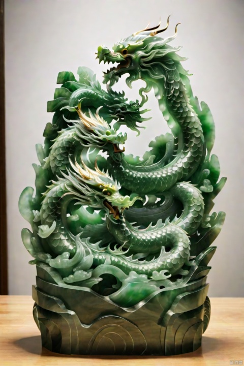  (masterpiece, top quality, best quality, official art, beautiful and aesthetic:1.2),dragon,made of jade,golden carving,model,very beautiful, aesthetic,crystal, surface polished natural gloss, very transparent and beautiful, emerald material