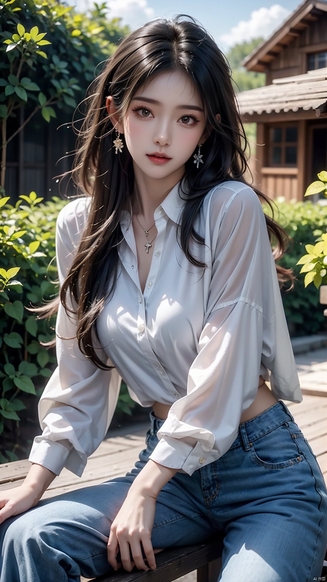 ((Best Quality, 8K, Masterpiece: 1.3)), Focus: 1.2, High School Girl, Perfect S-shaped Body, (Firm Eyes) (Cute), Delicate Face, Long Hair Waist Length, Long Flowing Hair, Tilted Head, Smile, Hair Details, Delicate Full Body Portrayal, Delicate Face Portrayal, Best Image Quality, High Resolution, Detailed Background, Delicate Description, Delicate Detail, Rich Detail, Face Enhancement, (Lapel Shirt, Thin Wide Leg Pants), Blue Sky and White Clouds, Sitting by a Flower Bed, Wooden House, No Eye Bags Under Your Eyes